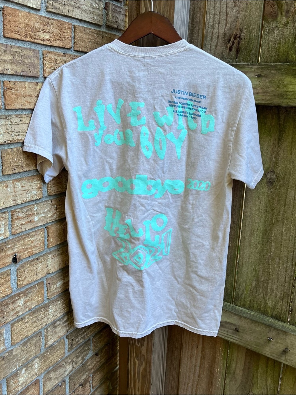 Justin Bieber Merch Tan Tee with Teal Graphic Print